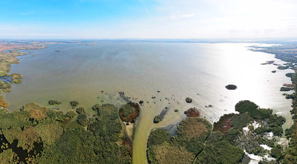 KUGHURLUI LAKE, IZMAIL RAION, ODESSA OBLAST, UKRAINE - SEPTEMBER 03, 2020: Aerial view on Kuhurlui lake